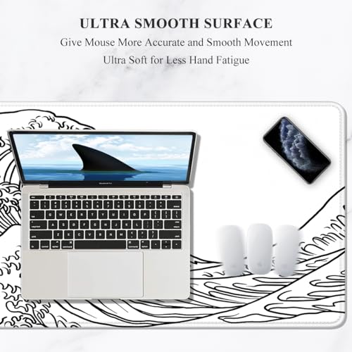 Image of Auhoahsil Large Mouse Pad, XXL Gaming Mousepad, Desk Mat for Desktop, Thick Rubber, Big & Long Size, Stitched Edges, Full Desk Pad for Laptop & Computer, Extended 35.4 x 15.7 in, White Great Wave