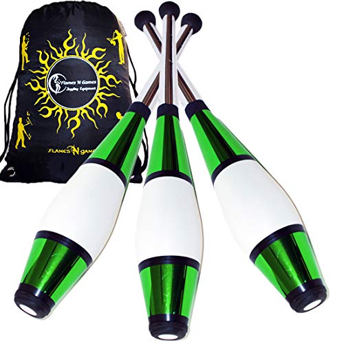 Juggle Dream Euro PRO Jonglierkeulen 3er-Set (Grun) Jonglier Keulen Training Set + Flames N Games Reisetasche! Große Keulenjonglage Set für Kinder & Erwachsene!