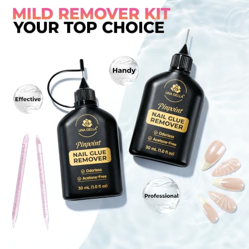 Image of UNA GELLA 30ML*2PCS Nail Glue Remover for Press On Nails Pinpoint Tip | Acetone-Free Quick&Gentle Soak-Off Semi Solid Gel Nail Glue (Lamp-Free) for Home DIY Nail Art & Salon Use, Not for U /V Gel