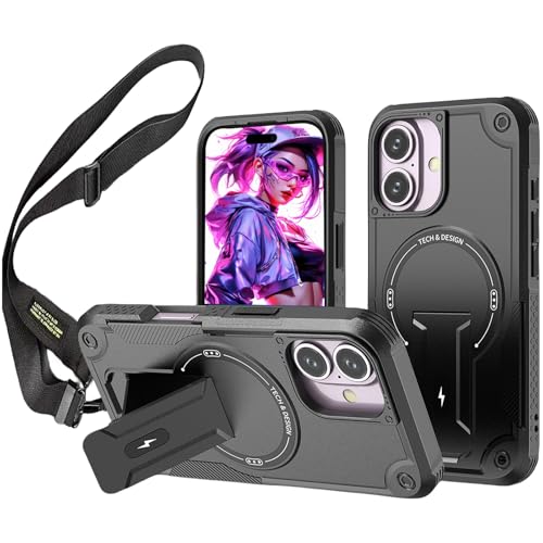 Ysnzaq Funda con Cuerda para Apple iPhone 16 6.1 Inch Compatible con MagSafe, Militar Antigolpes Cámara Protectora Carcasa con Cordón Soporte Funda para iPhone 16.DG Black