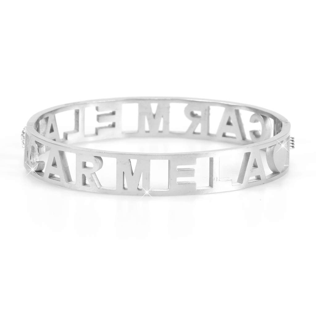 Flowers Bracciale Rigido Acciaio con Nome Vari e Zirconcini Sacchettino in Tessuto Scritta Nome ricoperta di Strass Brillantissimi Bracciale a Manetta Donna Chiusura a Molla Idea Regalo