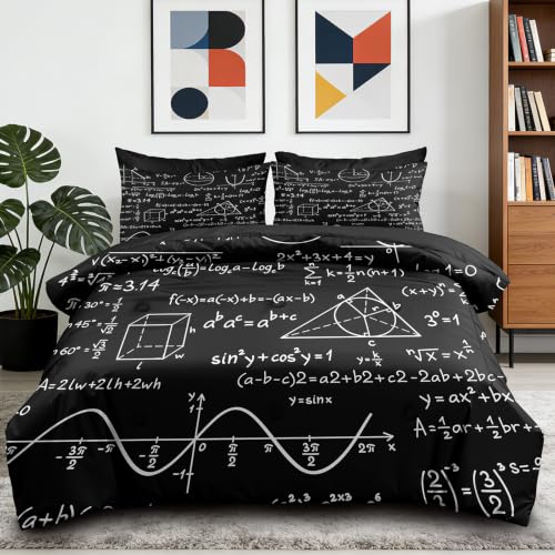Image of NINENINE Math Formula Comforter Sets, Black Scientific Equation Formula Bedding 5PCS King Size Comforter Sets for Boys Teens (1Comforter, 1Flat Sheet, 1Fitted Sheet, 2Pillowcases)