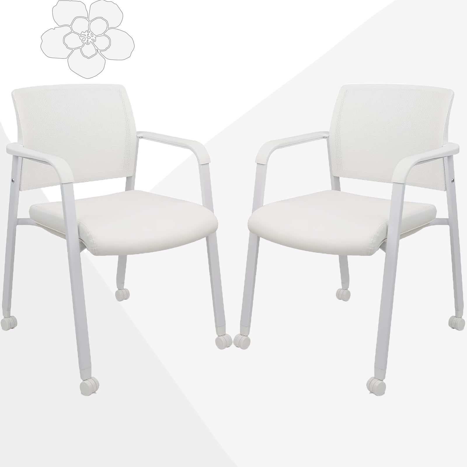 CLATINA Rolling Conference Chairs, 2 Pack Stackable Chairs with Wheels and Paddle, Ergonomic Mesh Back and Arms for Meeting, Conference, Training Room &amp; Home Office (White)