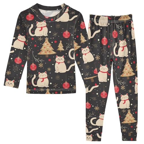 Fustylead Cute Xmas Cats and Fir Tree Decor Balls Pajamas Cotton Sleepover PJ Set Long Sleeve Lounge Wear