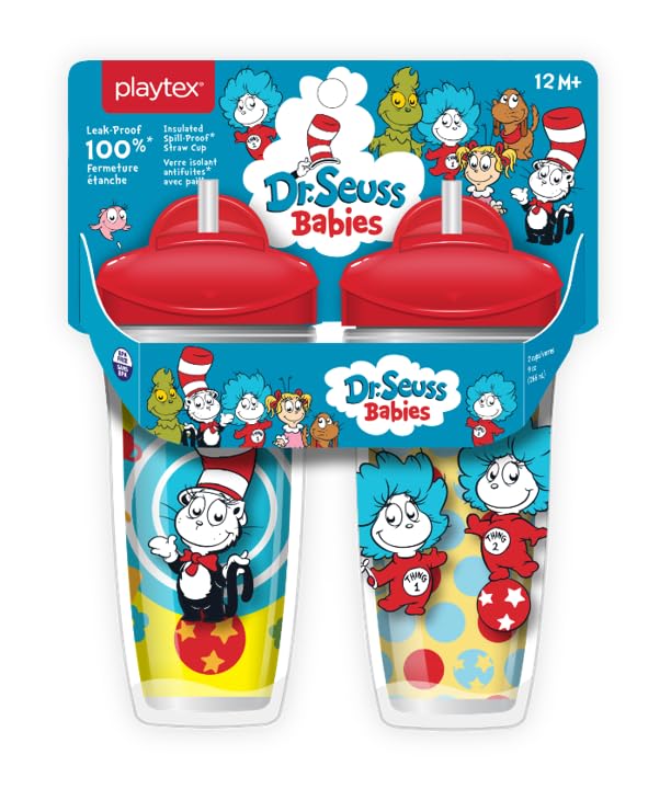 Image of Playtex Baby Sipsters Straw Sippy Cup for 12+ Months, 9 Ounce (2 Count), Dr. Seuss Cat in the Hat Design, Insulated Toddler Water Bottle for Kids, Spill-Proof Cups for Toddlers 1-3, Stage 3