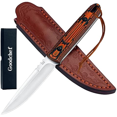 Goodchef Jagdmesser Feststehende Klinge mit Lederscheide, D2 Verstärkter Edelstahl Scharfe Klinge Messer Outdoor Survival Camping Cover
