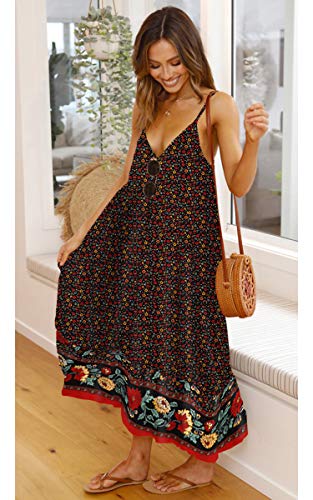 Image of Angashion Women's Dresses Floral Adjustable Spaghetti Strap V Neck Boho Long Maxi Dress Summer Beach Flowy Ethnic Sundress