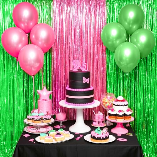 Image of 4 Packs Pink and Green Foil Fringe Curtain, Pink Green Metallic Tinsel Backdrop for Birthday, Baby Shower, Princess Bachelorette Party, Witch Party Decorations Supplies