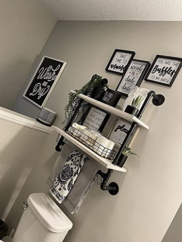 Rogmars Industrial Pipe Shelving Bathroom Pipe Shelves With Towel Bar,2 Tier 24 Inch Retro White Rustic Farmhouse Pipe Industrial Wall Shelves Bathroom Shelves Over Toilet For Storage #TOP2