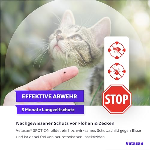 Vetasan Spot-ON für Katzen 4-7kg (M) | gegen Flöhe & Zecken | 3 Monate Schutz | ohne Chemie | Zeckenmittel für Katzen | Floh- und Zeckenschutz für Katze