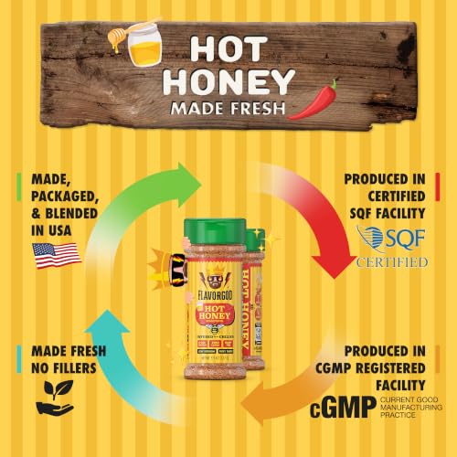 Image of Hot Honey Seasoning Mix, 2 Bottles by Flavor God - Sweet & Spicy All Natural Spice Infused Blend with Chilies for Pizza, Fried Chicken, Wings, Cocktails - Kosher, Gluten-Free & Dairy-Free, Non-GMO
