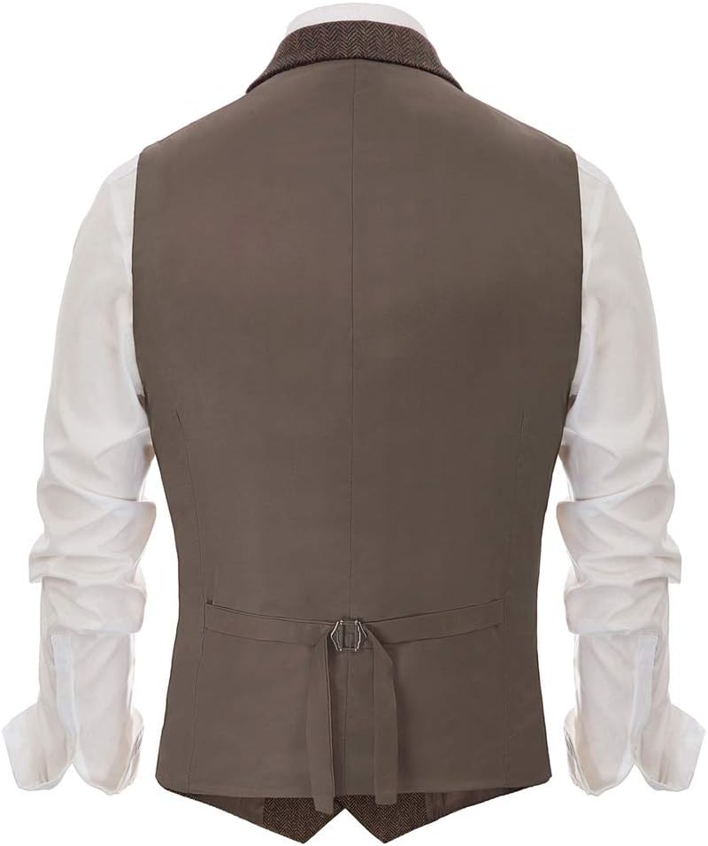PJ PAUL JONES Mens Western Herringbone Suit Vest Tweed Wool Blend Slim Fit Waistcoat - Image 2