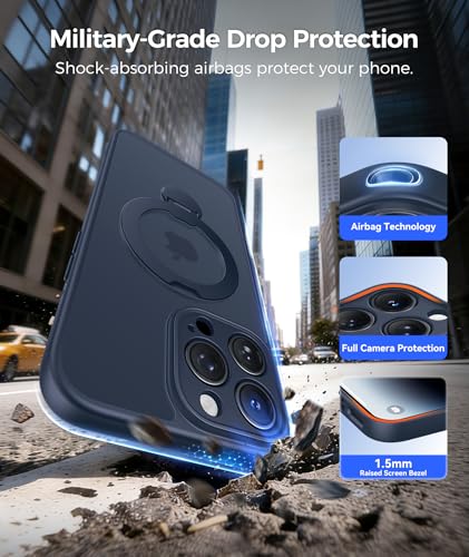 Image of FNTCASE for iPhone 14 Pro Case: [360 Spin Magnetic Stand] [Compatible with Magsafe] [Screen Protector] Translucent Matte Military Grade Shockproof Full Camera Protective Phone Cover - Deep Blue