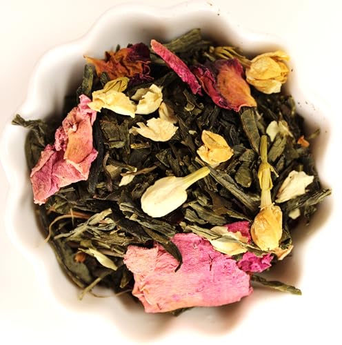 Té verde aromatizado a granel. Hojas sueltas de Té Sencha con té China jazmín, Cerezas, Rosa Mosqueta, Jazmín, Pétalos de Peonía y de Rosas. Antioxidante.'Sakura'.-100g.
