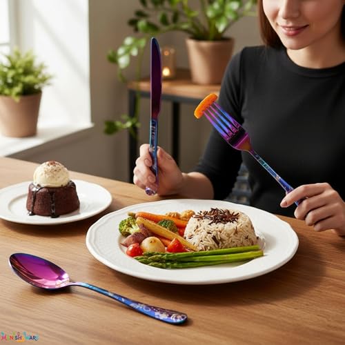 Image of Floral Rainbow 10 Pcs Stainless Steel Cutlery Set for Dining Table, Dishwasher Safe Glossy Flatware (2 Spoon Set+2 Forks Set+2 Butter Knife+2 Dessert Spoon+ 2 FruitFork)