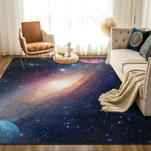 Image of 9CH Galaxy Planets Area Rug - Space Star Area Rug Floor Mat Carpet for Children Playroom Living Bedroom Dinning Room Decor 7' x 5'