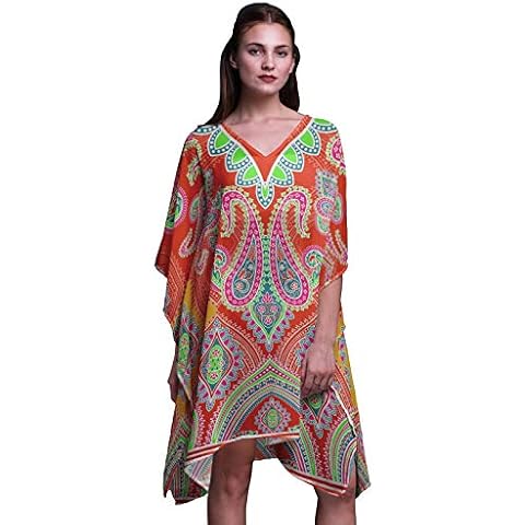 Phagun Orange Ogee Damask Ladies Kaftan Holiday Loungewear Midi Dress Beach Coverup-XL-3X Cover