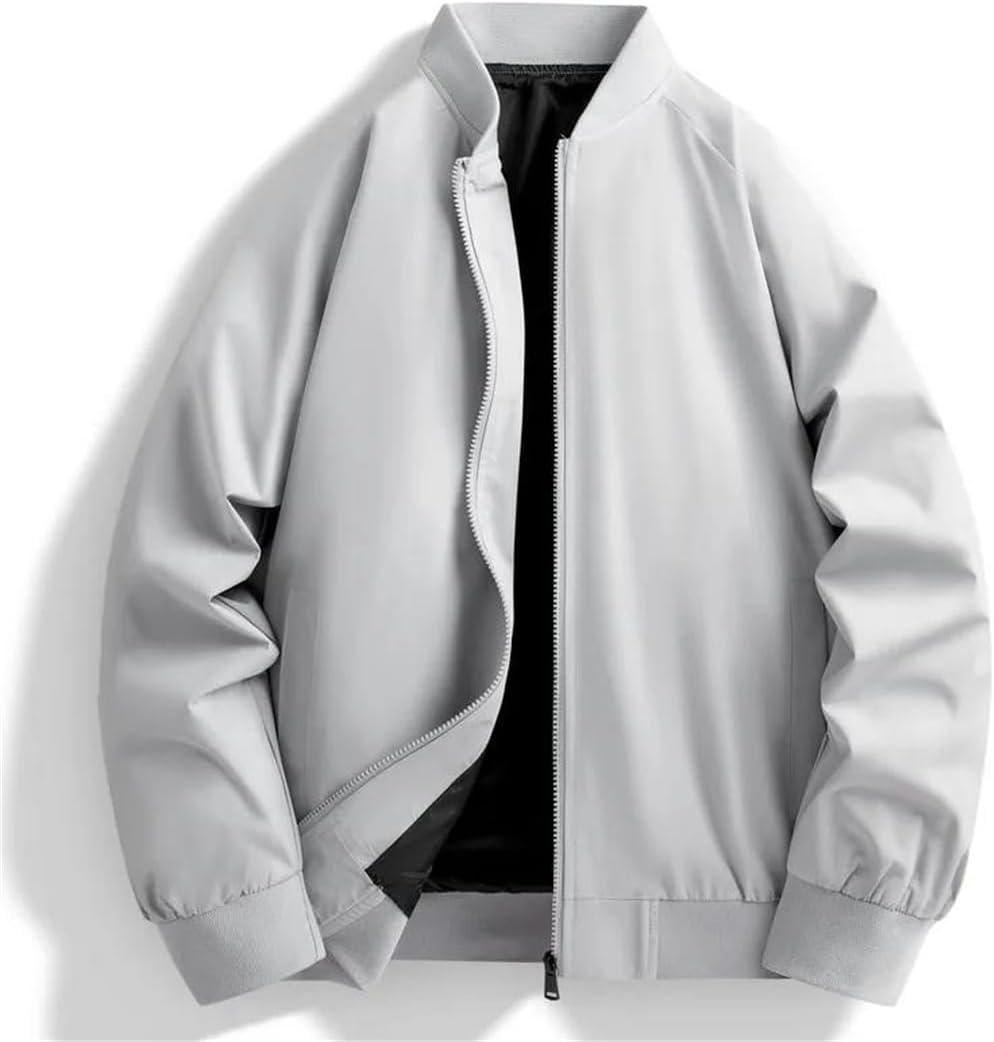 Men's Spring Fall Windproof Bomber Jacket Solid Color Stand Collar Baseball Outerwear Coat