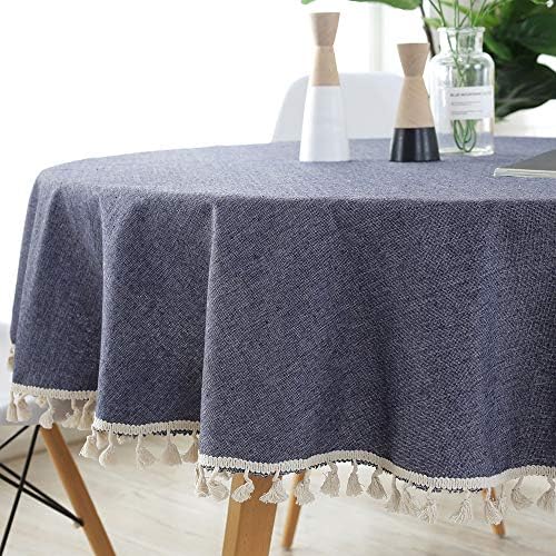 ColorBird Solid Color Tassel Tablecloth Cotton Linen Dust-Proof Table Cover for Kitchen Dinning Tabletop Decoration (Round, 60 Inch, Navy)