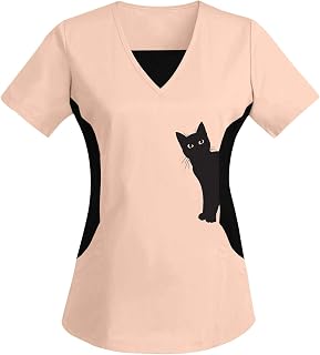 Bourund Cute Scrub Top Women V Neck Cartoon Cat Pattern Tops Nursing Working Uniform Daily Short Sleeve T-Shirts, Nurse Gifts