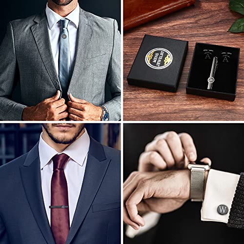 Ironbox Initial Cufflinks And Tie Clip Set For Men Personalized Black Cuff Links And Tie Bar Letter Alphabet A-Z Gift With Box For Father Husband Groommens #TOP4
