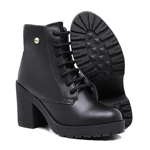 Bota Feminina Cano Curto Fashion Salto Alto Tratorado Confortável (40, Preto)