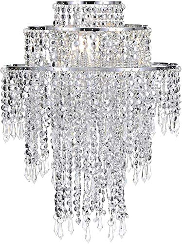 Waneway Pendentif chrome large 3 niveaux avec billes étincelantes, abat-jour chandelier de plafond avec gouttelettes bijoux en acrylique, diamètre 32 cm, chrome