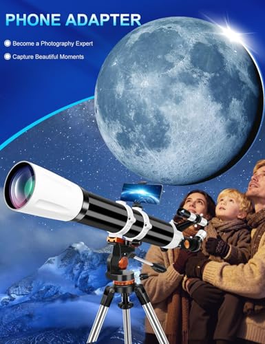 Image of Telescope for Adults High Powered 90mm Aperture 800mm,Refractor Telescopes for Astronomy Beginners with AZ Mount Tripod,Phone Adapter,Carry Bag (80090black-white)