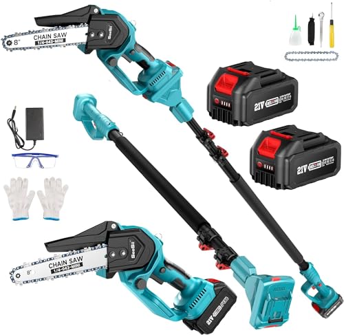2 in 1 Seesii Mini Motosierra con Batería de 8000mAh, 8 Pulgadas Eléctrica de Pértiga Inalámbrica a Batería, Motor sin Escobillas, Serrucho de Poda，30ML Depósito de Aceite, Hasta 4,57 m