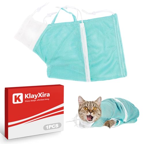 KlayXira 1-Pack Adjustable Breathable Mesh Cat Grooming Bag for Stress-Free Nail Trimming and Bathing Secure Handling Design Pet-Safe Material for Adult Cats Home Grooming Essential