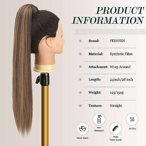 FESHFEN Straight Ponytail Extensions Long Wrap Around Ponytail Synthetic Clip in Pony Tail Hair Extensions Golden Brown Mixed Blonde Hairpiece for Women 24 inch - Image 4