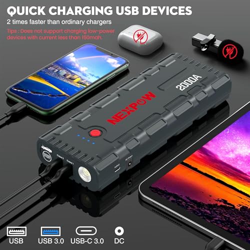 Image of NEXPOW 2000A Peak Car Battery Jump Starter with USB Quick Charge 3.0 (Up to 7.0L Gas or 6.5L Diesel Engine), 12V Portable Jump Box, Battery Booster with Built-in LED Light, Jumper Cables