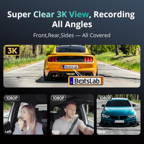 Image of BOTSLAB 3K 4 Channel Dash Cam with Hardwire Kit, 24 /7 Parking Mode, 360All-Sides View, Front and Rear Inside Car Camera, 3.18 inchTouch Screen,Night Vision Voice Control,Free 128GB Card 5.8GHz WiFi & GPS