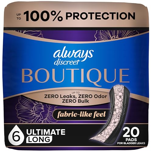 Always Discreet Boutique Adult Incontinence Bladder Leak Pads for Women Ultimate Absorbency Long Length Up to 100% Bladder Leak Protection 20 Count