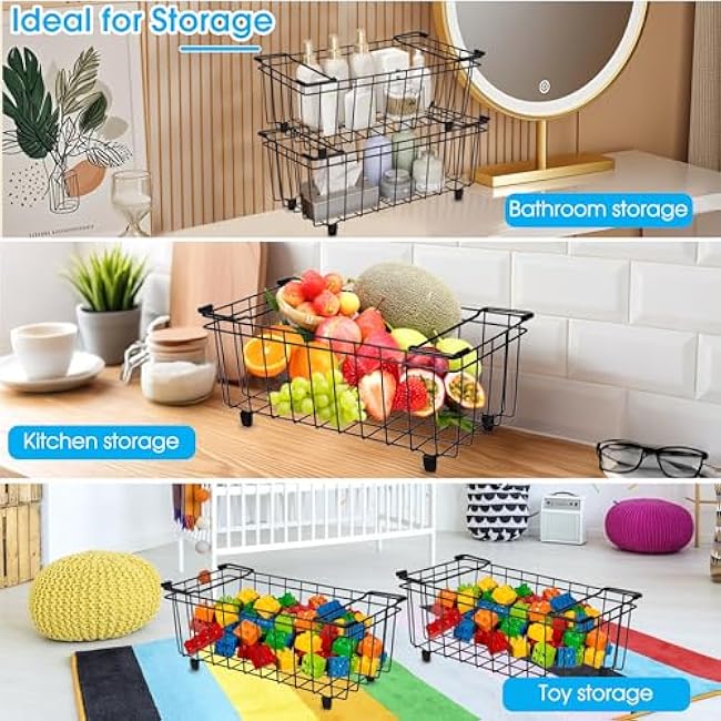 Freezer Organizer Bins, 2 Pack Stackable Chest Fridge Organizer with Handles for 7 Cu.Ft, Deep Freezer Storage Baskets for Food Storage and Meats Easy Reach from Bottom Prevent Frozen Food Waste