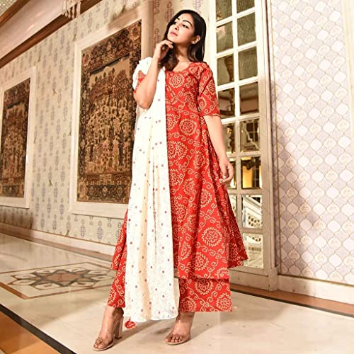 Image of GoSriKi Women's Cotton Anarkali Kurta with Palazzo & Dupatta (India-RED)