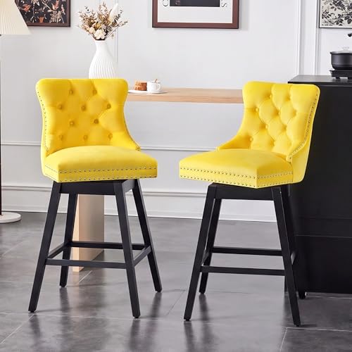 Image of Yellow Swivel Bar Stools, Velvet Counter Height Bar Stool Set of 2 | 360 Swivel Bar Chairs, Solid Wood Legs, Upholstered Kitchen Island Stools, Modern Extra Wide Seat (Yellow, 30 inch H, 2 Pack)