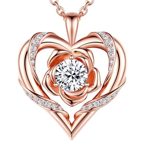 Beam & Bask Rose Flower Heart Moissanite Necklaces for Wife, S925 Silver Pendant for Women, 18K Gold Plated Jewelry for Her Girlfriend Mom for Anniversary Birthday