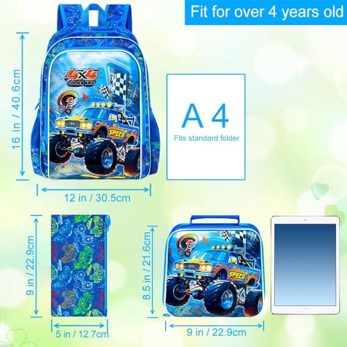 Image of 16 inch Truck Backpack for Boy, 3Pcs Bookbag for Elementary Preschool Kindergarten, Kids School Backpacks with Lunch Box (Blue)