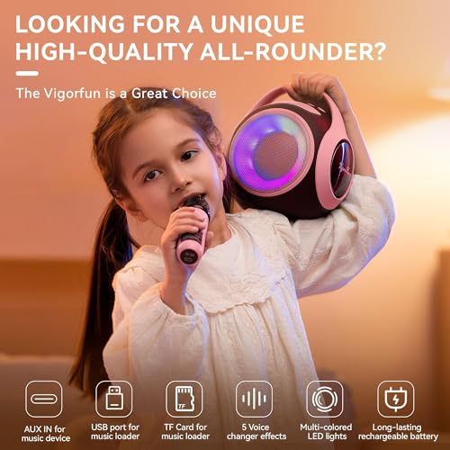 All Rounder Karaoke Machine for Kids Teens, Portable Bluetooth Karaoke Speaker with Two Mics, Voice Changer, Light Effect, Bass Tremolo, Gifts Toys for Girls, Supports USB/TF/AUX for Home Party (Pink)