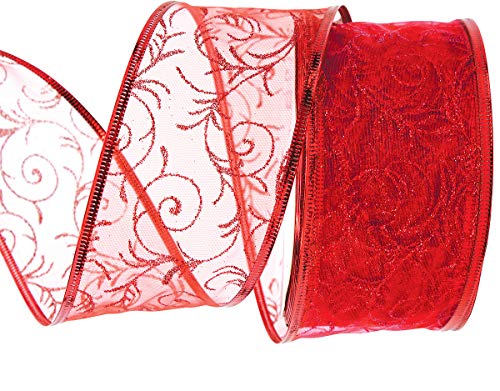 Red Gift Ribbon Wired Christmas Wire Edged Ribbons 2.5 Inches Wide X 50 Yards For Xmas Tree Organza Sheer Glitter Gift Wrap, Crafts, Decor, Holiday Wrapping/Craft & Flowers Valentines Day Large Roll #TOP1