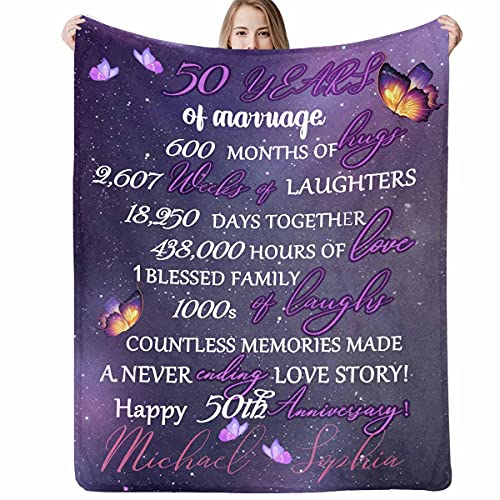 Personalized Anniversary Throw Blanket, 50th Anniversary Wedding Gifts for Couple Parents, Customized Soft Warm Lightweight Flannel Fleece Blanket, Couples Blanket Full Size for Valentine Birthday