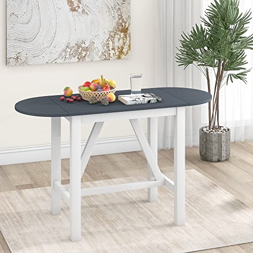 Image of RUNNA Farmhouse 3-Piece Counter Height Dining Table Set with 2 Upholstered Chairs and Extendable Drop Leaf,Wood Kitchen Table for Small Place Use (White#A)