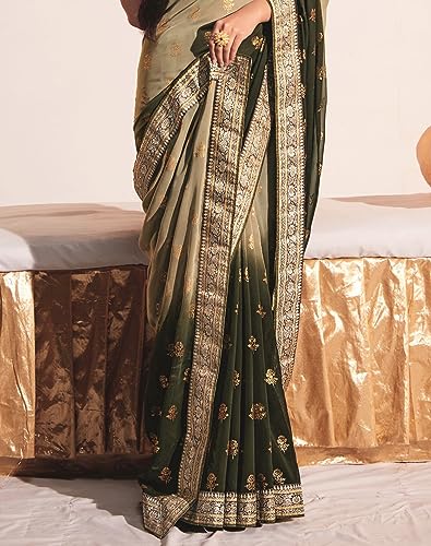 Image of SIRIL Women's Lace & Foil Printed Georgette Saree with Unstitched Blouse Piece(2826S476 Mehndi Green, Dusty Green)