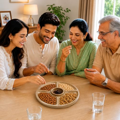 Image of The Earth Store Round Wooden Platter with Bowl (11 Inch) - 5 Partition Snack Serving Tray for Fruits, Snacks, Desserts & Finger Food