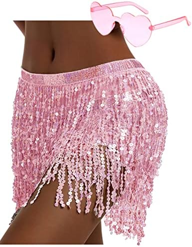 Sequin Skirt Fringe Skirt Belly Dance Hip Skirt Rave Party Costume Sparkle Skirt with Heart Sunglasses for Women and Girls (Pink)