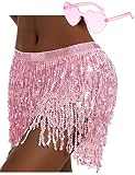 Sequin Skirt Fringe Skirt Belly Dance Hip Skirt Rave Party Costume Sparkle Skirt with Heart Sunglass