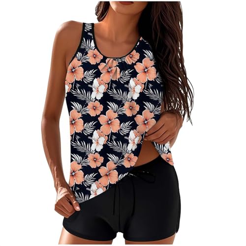 Tankini para mujer con pantalones cortos, traje de baño de dos piezas con control de abdomen, estampado floral vintage, camiseta sin mangas de cintura alta, traje de baño de playa para mujer