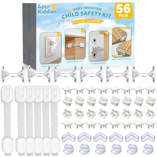 4our Kiddies 56 Pack Baby Proofing Kit, 6 Child Proof Cabinet Locks, 32 Outlet Covers, 6 Anti-Tip Furniture Anchors and 12 Corner Protectors, Child Safety Essentials to Protect Kids at Home