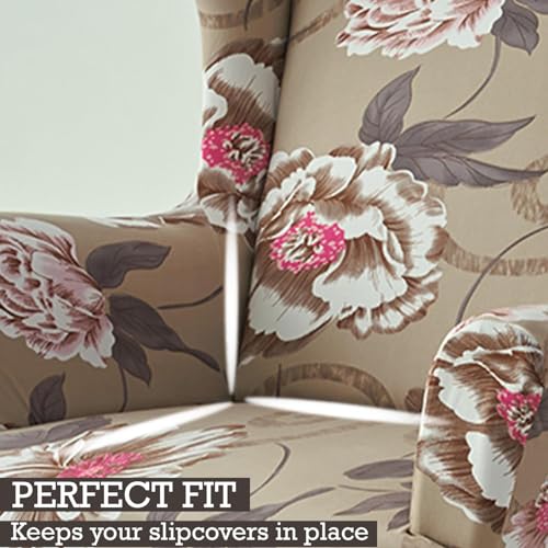 Image of HOKIPO 140 GSM Stretchable Wing Chair Cover, Buff Brown Geum (NEW-AR-5135-D3)